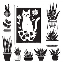 A cat and a plant in an illustrated frame  silhouette vector with white background