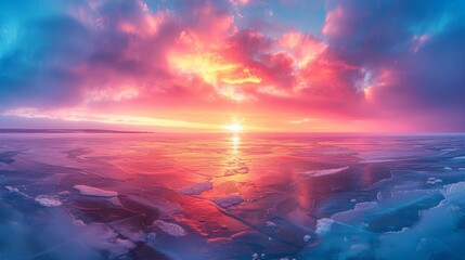Fototapeta premium Stunning sunset over icy waters with vibrant clouds reflecting colors at dusk