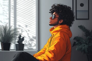  An individual watching a TV show in a modern minimalist room. Generative AI