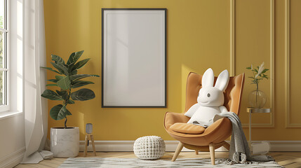 A white rabbit plush toy sits in a cozy armchair in a modern living room with a yellow wall and a large blank picture frame.