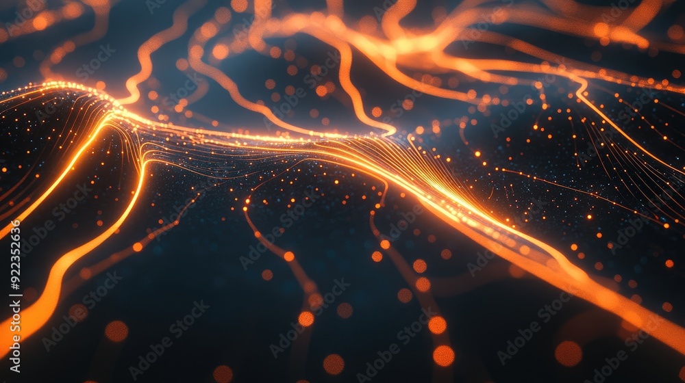 Poster abstract digital data flow with glowing lines and connections on a dark background.
