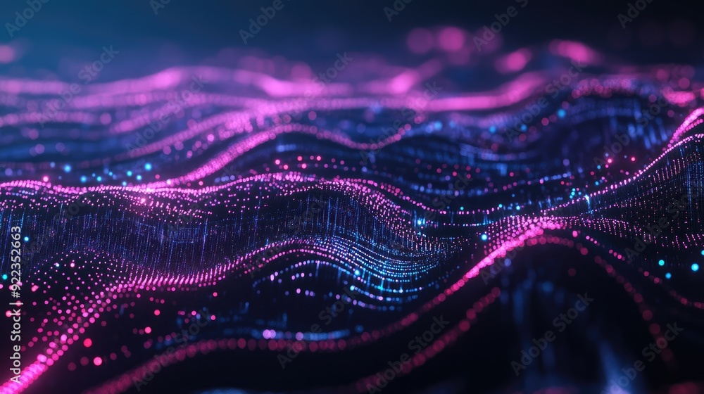 Poster abstract digital data flow with glowing lines and connections on a dark background.