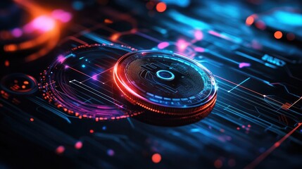 Abstract digital currency concept with glowing coins and futuristic elements.