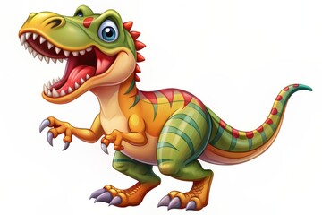 Fototapeta premium Colorful cartoon dinosaur with a goofy expression stands on its hind legs, mouth wide open, revealing sharp teeth, in a fun and playful pose.