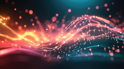 Abstract digital data flow with glowing lines and connections on a dark background.