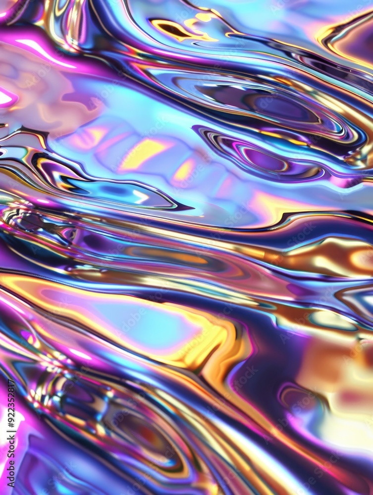 Poster intricate and colorful abstract art design featuring a swirling pattern on a shimmering, metallic su