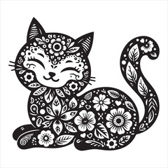 A cat and a plant in an illustrated frame  silhouette vector with white background