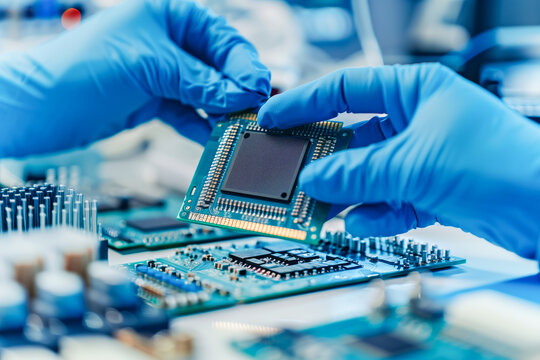 Closeup of hands in blue gloves examining a computer chip in a lab setting