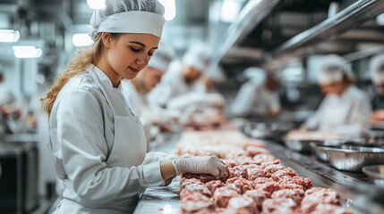 A worker in protective gear meticulously handles meat products on a busy processing conveyor belt, ensuring quality and safety in food production.