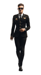 Isolated, transparent, no background, Confident Male Airline Pilot in Uniform Walking with Sunglasses
