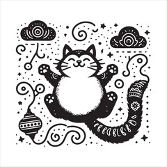 A cat and a plant in an illustrated frame  silhouette vector with white background