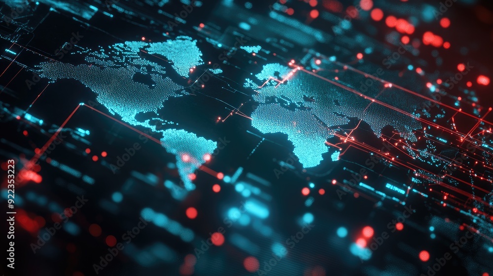 Poster abstract digital world map with highlighted global connections and data flows.