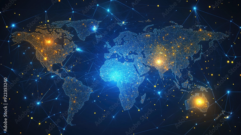 Poster abstract digital world map with highlighted global connections and data flows.