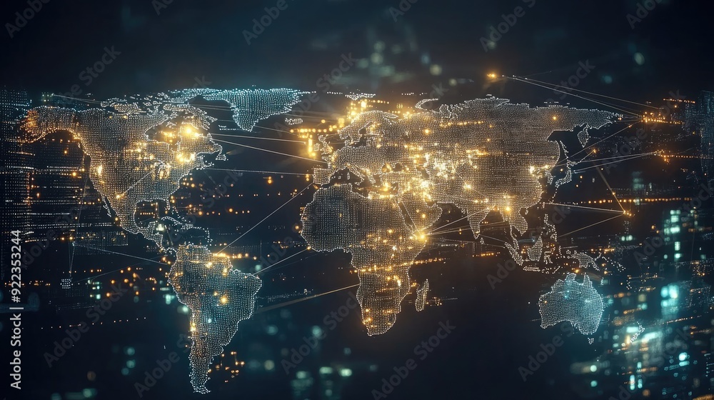 Poster abstract digital world map with highlighted global connections and data flows.