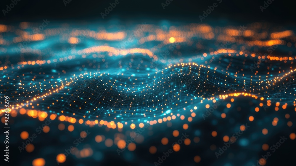 Poster abstract technology background with glowing network connections and data points on a dark surface.
