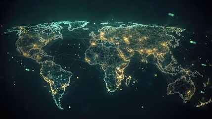 Abstract digital world map with highlighted global connections and data flows.