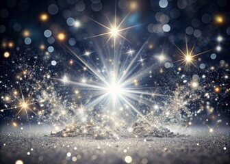 Obraz premium Vibrant silver explosion of glistering dust particles and glittering confetti against a radiant white background, illuminated by a beam of shimmering ray black lights with bokeh glow.