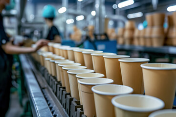 Workers assemble eco-friendly paper cups in a production line focused on sustainable manufacturing