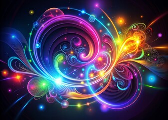 Obraz premium Vibrant neon-lit abstract shapes and swirling patterns illuminate against a dark background, creating a mesmerizing and futuristic ambiance perfect for technology and futuristic themes.