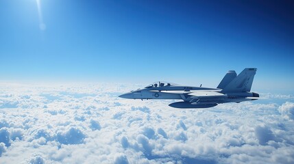 Fototapeta premium A fighter jet climbing above the clouds, the sky clear and blue above