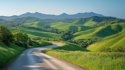 View of rolling green hills surrounded by lush vegetation and clear skies, surrounded by a winding road, creating a peaceful and picturesque landscape.