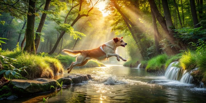 Energetic dog takes a refreshing leap of faith, plunging headfirst into a serene summer stream, surrounded by lush greenery and warm sunlight filtering through trees.