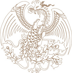 Vector sketch, silhouette illustration, baground design, mandala ornament, floral decoration, classic vintage ethnic Chinese traditional phoenix bird 