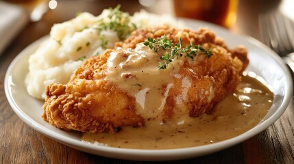 American fried chicken served with mashed potatoes and gravy, a comfort food classic.