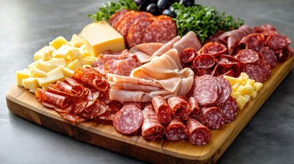 Assorted deli meats, including ham, salami, and turkey, arranged on a wooden platter with cheese.