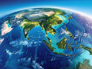Fototapeta premium Colorful, digital representation of Earth from space, highlighting landmasses, oceans, weather patterns and human impact.