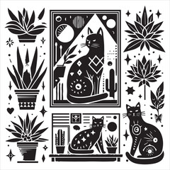 Print A cat and a plant in an illustrated frame  silhouette vector with white background
