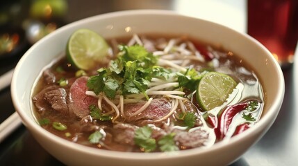 Authentic Vietnamese pho noodle soup with beef, fresh herbs, bean sprouts, and lime wedges.