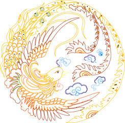 Vector sketch, silhouette illustration, baground design, mandala ornament, floral decoration, classic vintage ethnic Chinese traditional phoenix bird