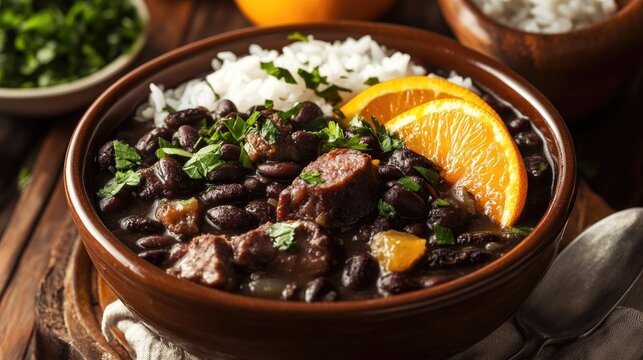 Brazilian feijoada stew with black beans, pork, and sausage, served with rice and orange slices.