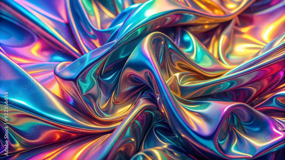 Poster vibrant iridescent holographic foil forms a mesmerizing abstract background with swirling psychedeli
