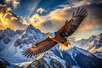 Obraz premium Majestic eagle in mid-flight, wings outstretched, soaring above a majestic mountain range with snow-capped peaks, conveying freedom, power, and serene majesty in nature.