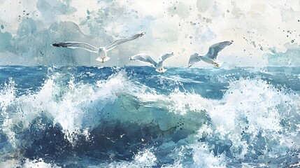 Fototapeta premium Dramatic Watercolor Seascape with Soaring Seagulls and Crashing Waves