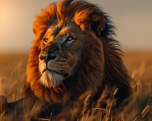 Majestic lion resting in tall grass during golden hour, showcasing its beautiful mane and regal...