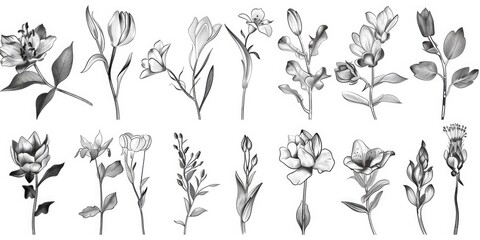 A collection of monochromatic floral vector designs suitable for various applications like print, wall decor, and t-shirt design.