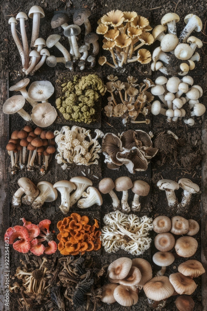 Poster an array of various wild mushrooms in dirt blocks.
