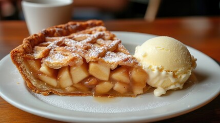 Classic American apple pie with a flaky crust, served with a scoop of vanilla ice cream. -