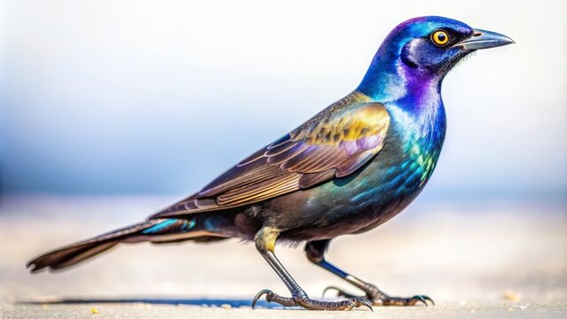 Vibrant common grackle bird stands proudly isolated on a pristine white background, showcasing shimmering iridescent purple and blue feathers, bright yellow piercing eyes, and natural light.