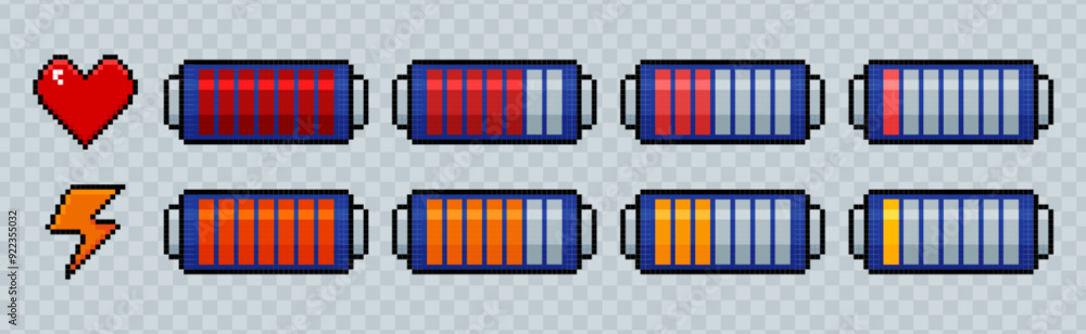 Poster set of pixel battery charge indicator icons. phone charging levels in 8bit retro style. pixelated ba