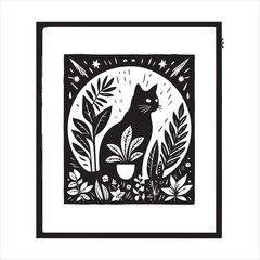 Print A cat and a plant in an illustrated frame  silhouette vector with white background

