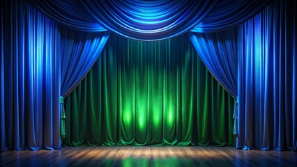 Dark blue velvet stage curtain aglow with vibrant neon lights, eerie green and blue hues illuminating an empty, mysterious, and atmospheric performance space.