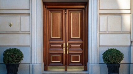 Classic, solid wood door with brass accents, serving as an elegant entrance to a traditional home.