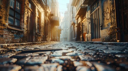 Fototapeta premium Narrow cobblestone alleyway in early morning light with soft shadows and historic buildings