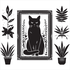 Print A cat and a plant in an illustrated frame  silhouette vector with white background
