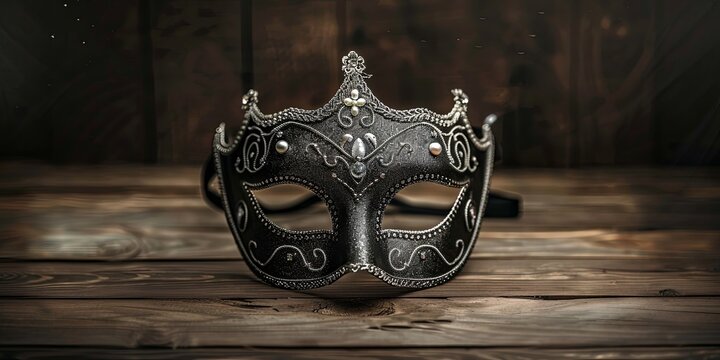 A black masquerade mask with silver embellishments sits on a wooden surface.