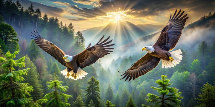 A pair of regal eagles fly in unison, their expansive wings spread wide, dominating the sky above a lush, vibrant evergreen forest landscape.